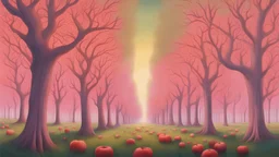 a beautifully detailed painting of an inexplicably magical grove of supernaturally tall apple trees that stretch and twine upwards forming a vast colonnade of trunks that stretch out in rows far into the distance, rolling valley of lush green grass, transluscent leaves cresting canopy set alight with a fragile evening sunlight that refracts off a sea of apples brushed pink and red with exposure, by frank