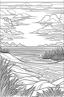 coloring page, nature, relaxing, "Sunset Serenity: Color a tranquil landscape as the sun sets over a calm, flowing river." full view, realistic, coloring page, only draw lines, coloring book, clean line art, –no sketch, color, –ar 3:4, white background, minimalistic black lines, minimal black color, low level black colors, coloring page, avoid thick black colors, thin black line art, avoid colors, perfect shape, perfect clear lines,