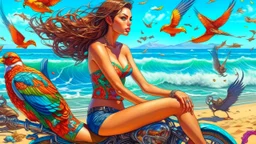 A digital painting in vibrant colors and intricate patterns of a woman in a bikini sitting on a beach next to a motorcycle, with seagulls flying overhead and waves crashing in the background