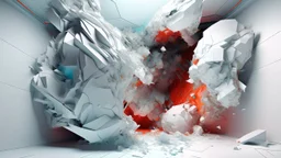 Una anomalía espacial de polígonos colapsados y malla digital liquificada manifestándose sobre un estudio de arte minimalista completamente blanco. Lenguaje visual de glitch art tridimensional y estética de renderizado corrupto de software 3D. Superficies de polígonos rotos, artefactos de compresión y caras geométricas derretidas como plástico líquido. Composición asimétrica con amplio espacio negativo a la izquierda. Luz de estudio fotográfico suave y uniforme con sombras muy tenues. Paleta de