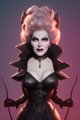 Mae West as evil queen in black leather, leather, busty, cleavage, angry, stern look. character design by cory loftis, fenghua zhong, ryohei hase, ismail inceoglu and ruan jia. unreal engine 5, artistic lighting, highly detailed, photorealistic, fantasy