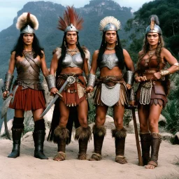 [photo from the TV series Sandokan (1976)] Barbarian Diplomacy led by three viking women in armour, with no inhibitions. Frida Kahlo with a axe is between them.