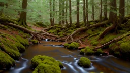 stream running through a rocky clearing in a pine forest