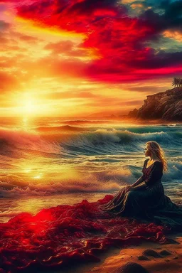 A hyper-realistic,detailed A surrealist Madonna-inspired beachscape, with a vibrant sunset and a mysterious sea. Photo Real, HOF, full size, practicality,manufacturability,performance, (((realism, realistic, realphoto, photography, portrait, , realistic, beautiful, elegant, charming, apocalyptic environment, professional photographer, captured with professional DSLR camera,trending on Artstation, 64k, ultra detailed, ultra accurate detailed, bokeh lighting, surrealism, Thomas Kinkade background,
