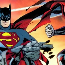 BATMAN WITH RED EYES HOLDING A PISTOL ATTACKING SUPERMAN IN THE BACKROUND THERE ARE DEAD SUPERHERO BODIES