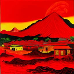 A red village near a fiery volcano painted by Andy Warhol