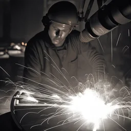Imagen realista y dramática de una trabajador en una fábrica de fundición rodeado de las chispas que saltan, en medio de la penumbra, primer plano del trabajador mirando la pieza que funde. Fotografía periodística realizada con una cámara Leica y un objetivo de 50 mm