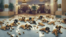 hotel lobby full of puppies pooping all over the floor