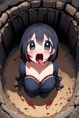 Anime girl with big eyes, darkblue and sepia tones, fullbody, slime, the perspective looking up from the bottom of an empty well, rolling eyes, tongue out, blood drip, open mouth,