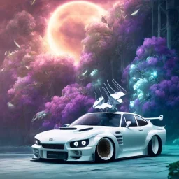 voiture blanche, fleur, chrome, synthwave, concept art, couleur vibrante, TOYOTA SUPRA MK4