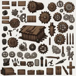 Sprite sheet, Wood, Nails, Metal scrap, cloth, electronics, gears, icons, survival game, white background, comic book,