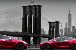 A Tesla's 'Model S' is parked, on the 'Brooklyn Bridge' in New York. CINEMATIC. WIDE ANGLE LENS. PHOTO REAL.