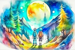 concept art water color style for teenagers in other planet watching the moon and mountains having adventure two teenagers mystery weird cretures trees exiting