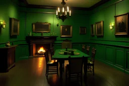 An image of a room of an intellectual from the 18th century, with a long six-chaired table in the middle, with three chairs out, and the others in their place, a fireplace in the back, and a green empty wall with only one photo frame on it, fit for a portrait photo. It must look like an image from the retro game Cadillacs and Dinosaurs.