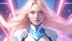 Wide shot of a beautiful blond smiling woman with long hair and cosmic clear blue eyes, with a white and gold and pink and blue crystalline uniform of galactic commander, luminous, high detail, digital painting, cinematic, stunning, sharp focus, high resolution 8k, octane render, insanely detailed, manga anime style