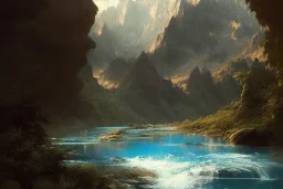 mountain river flows through a fantasy landscape gorge. a big blue lake in the middle of the mountains. fabulous nature, amazing seascape, highly detailed, digital painting, artstation, concept art, smooth, sharp focus, illustration, art by greg rutkowski and alphonse mucha