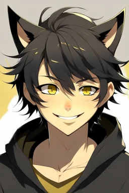 An anime man with messy black hair and large, black cat ears. Yellow eyes. Smiling.