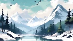 Mountainscape with snow, trees, river, clouds, birds flying, hi def 4k in the style of Anil Nene