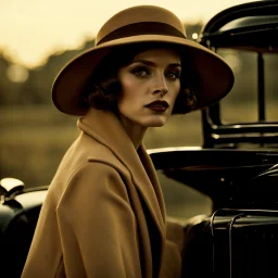 A woman wearing a brown felt hat with a metallic strap and an elegant beige coat or dress sits on the hood of a black Ford T. She has a pensive, somewhat melancholic expression on her face. The lighting and styling of the image evokes a vintage nostalgic aesthetic reminiscent of the 1920s or 1930s. The figure and refined appearance of the woman suggest a certain grace and sophistication typical of that period.