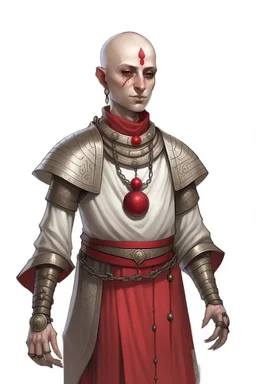 full length 22-year old, grey eyed, bald female human cleric with a necklace of red beads, wearing scale mail