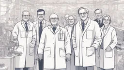 The image depicts a group of pioneering scientists standing together against a modern scientific backdrop. The scientists are dressed professionally and exhibit enthusiastic smiles. The image showcases intricate details of modern scientific and technological tools in the background, indicating the advancement of technology and science. The image conveys a message of inspiration and ambition to change the world through scientific research and innovative technology.