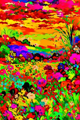 A field of colorful flower, the return to innocence, abstract, weird, childlike, chaos80, colors splash