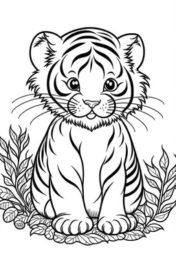 cute coloring page, sketch style, cute baby tiger in the jungle, cute cartoon, white and black, withe background, no shadows, outline.