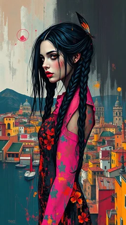 full body, wildly stylized abstract realist painting of a bold, audacious vampire girl with highly detailed long dark braided hair and facial features in the style of Jeremy Mann, her silhouette residing amidst bold, attention-grabbing abstract design that's defined by a wash of vibrant, saturated natural hues, juxtaposed against stark, surrealist medieval Spanish landscape of bustling colored cityscapes