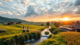 a group of young ladies in sports pants and blouse are dancing to camera in village over high grassy hills,a small fall and river and wild flowers at river sides, trees houses ,next to Ripe wheat ready for harvest farm,windmill ,a pretty train is coming along the river side ,a few village local shops ,cloudy sun set sky