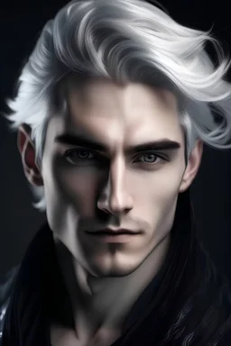 fantasy man with silverish hair and black eyes