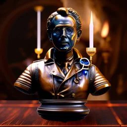 bronze bust of ghostbuster, ancient, magic,on dark wooden piano with drinking glass,compass,brilliance, candle, dark figure in background, movie poster