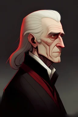 Draw me a tall, thin man. He has long white hair pulled back. Sharp cheekbones, no eyebrows, short mouth with thin lips. Wears a black overcoat with red lines