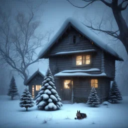 sad,scared dog tied to a tree with house in background, winter, 8k resolution, high-quality, fine-detail, intricate, digital art, detailed matte, volumetric lighting, illustration, 3D octane render, brian froud, howard lyon, selina french, greg rutowski