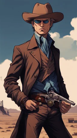 Magnus Carlson in the wild west looking cool with a revolver, anime style