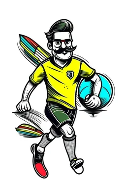 TEXTE FOOTBALL with a handlebar mustache and a skateboard tucked under its fin. Style: Retro Comic Book, Mood: Playful and Energetic, Lighting: Flat, bold colors, T-shirt design graphic, vector, contour, white background.