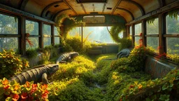 A vibrant scene of reptiles and lush green algae inside an old bus, detailed textures, immersive environment, bright natural lighting, hyperrealistic style, characterized by lively colors and intricate patterns, cinematic composition, artwork inspired by nature and urban decay, digital painting, high resolution, 4k, by artists like Thomas Kinkade and Greg Rutkowski.