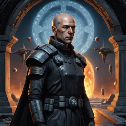 star wars bald male corellian pilot wearing pearlescent black and gunmetal grey First Order special forces heavy assault armor and helmet with gold trim inside the jedi temple, centered portrait, hyperdetailed, dynamic lighting, hyperdetailed background, 8k resolution, volumetric lighting, light skin, fully symmetric details