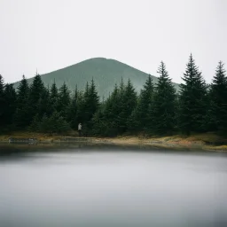 A polaroid photo of a group of fir trees in the background and a high hill in the distance. A person. A lake. The surface below is in a pastel color. Fog is present.