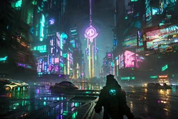 Cyberpunk district with giant foggy skyscarpers, cars, FoV: 100, HD, Unreal Engine 4, heavy rain, rainy streets reflection, neon signs, low contrast, grainy, less color, titanfall,