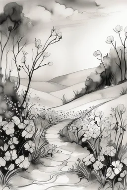 the primrose path; Ink Wash; black and white with pale pastels