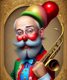 happy and funny old friendly clown with round head and trimmed beard playing jazz with a steampunk theme, trumpet on mouth, paintbrush and aisle, carnival, dreamy