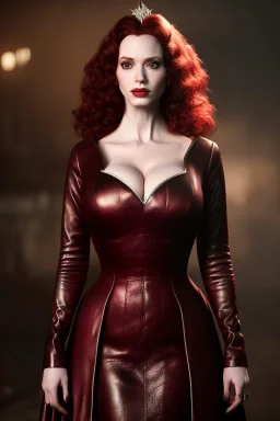 christina hendricks as evil queen in burgundy leather gown , angry, stern look, volumetric lighting, particales,highly detailed,cinematic, deep colours,8