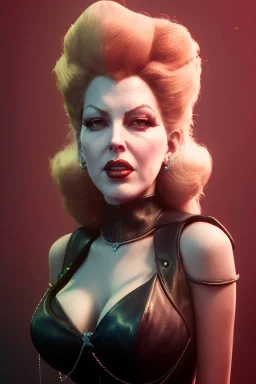 Lana Turner as evil queen in black leather, leather, busty, cleavage, angry, stern look. character design by cory loftis, fenghua zhong, ryohei hase, ismail inceoglu and ruan jia. unreal engine 5, artistic lighting, highly detailed, photorealistic, fantasy