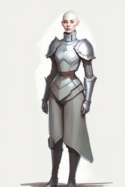 full length colour drawing, portrait, 22-year old friendly slender female human cleric, shaved head, light eyebrows, grey eyes, wearing armour