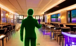 futuristic man in green suit, restaurant with purple lights, full of people, pointing a gun