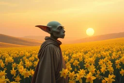 oil paint, health alien monk priest in A vast, tranquil landscape bathed in the golden glow of a spring sunset, with a sea of daffodils stretching across rolling hills under a soft, pastel-colored sky. The flowers sway gently in a soft breeze, creating a vibrant, dream-like ocean of yellow against the serene background. close up on a natural gremlin orc beauty face A solitary figure, perhaps a poet or dreamer, stands in awe at the beauty, their presence almost blending with the natural scenery