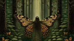 METAMORPHOSIS OF A WOMAN INTO A BUTTERFLY INSIDE A THICK AND INTRICATE FOREST.