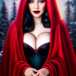 Ultra detailed fullbody Portrait in oil on canvas of beautiful busty mature Snow White with red cape with hoodie,extremely detailed digital painting,ultrarealistic skin,intense stare, extremely detailed face, crystal clear eyes, mystical colors ,perfectly centered image, perfect composition, rim light, beautiful lighting,masterpiece ,8k, stunning scene, raytracing, anatomically correct, in the style of Simon Bisley and uncannyknack and Ohrai Noriyoshi and robert e howard and Steve Jung.