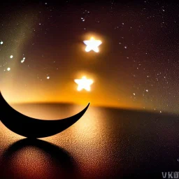 Two large crescent moon with shiny stars, dark, hazy, macro photography, tilt shift blur, high definition, 8k, beautiful, night sky, wind, stars, detailed warped, water droplets