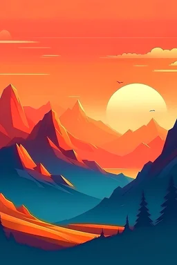 Kartun Pegunungan yang indah di bawah sinar matahari senja